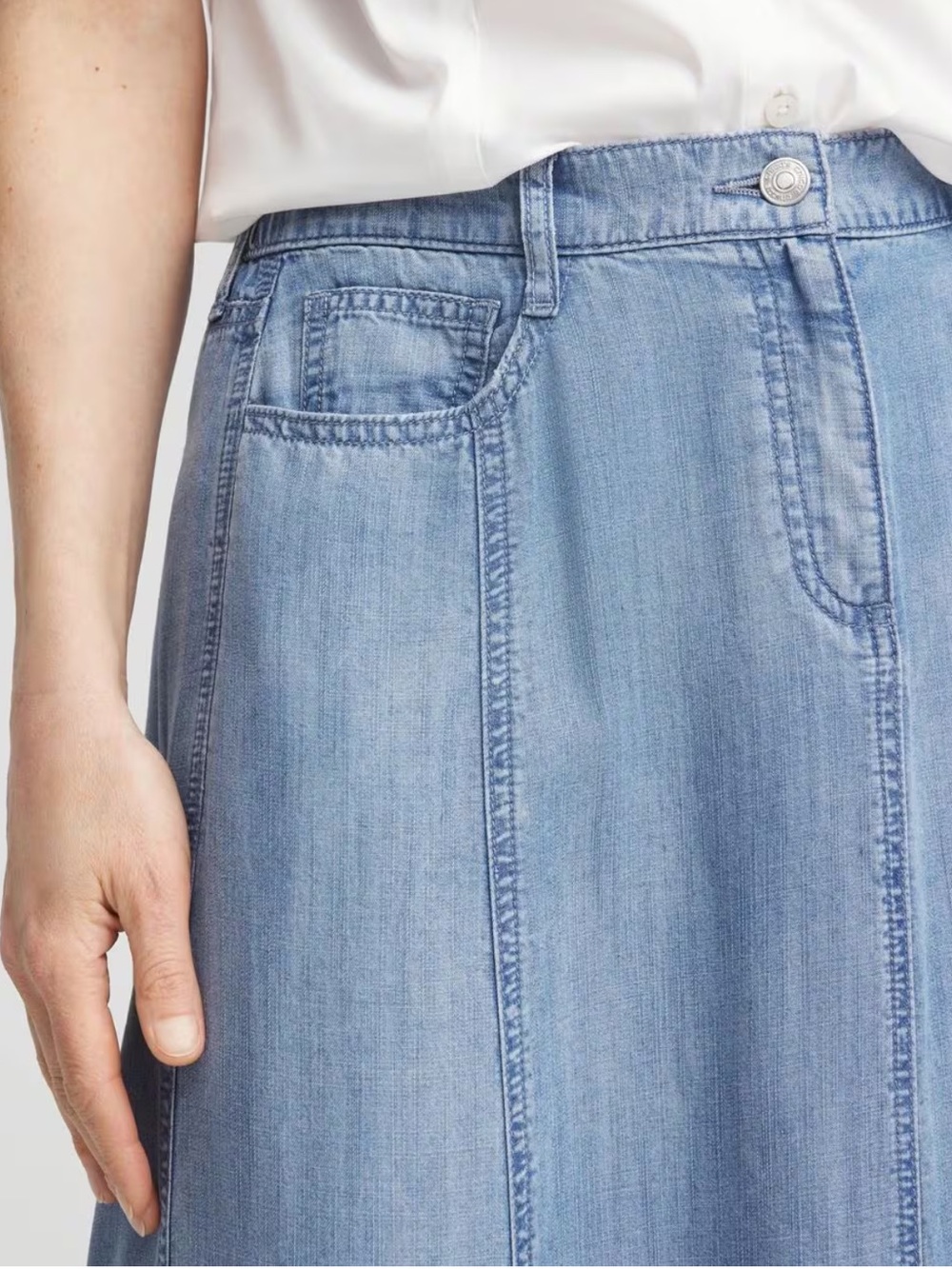 Light Blue Denim Maxi Skirt A Line with Flared Panels Lightweight Chambray Fall - Picture 4 of 11